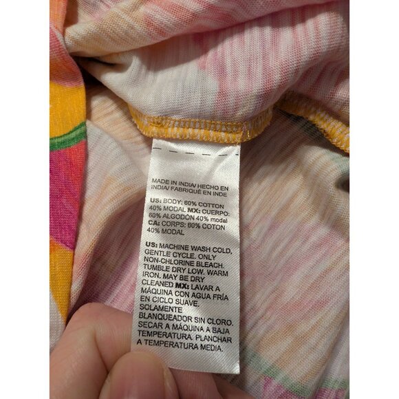 Chico's Top Size 2 L Yellow Pink Tropical Feather Print Cotton Modal Puff Sleeve - Picture 6 of 7